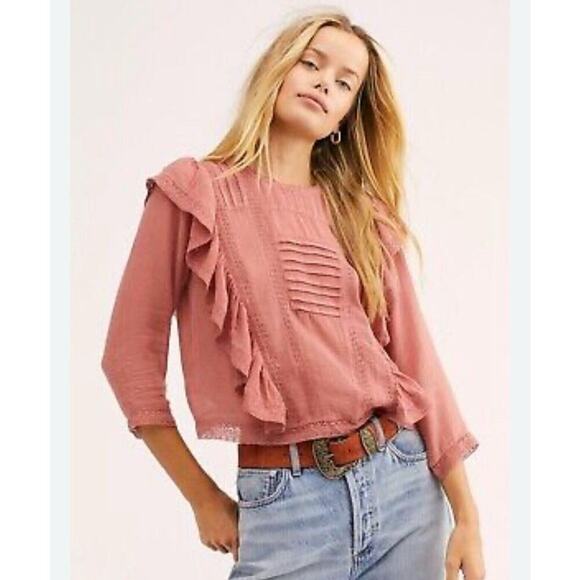 Free People Jasmine Ruffle Lace Boho Peasant Gauzy Victorian Cotton Blouse Sz S - Picture 1 of 11